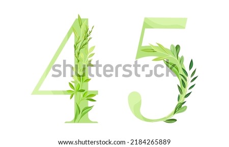 4,5 numbers made of green leaves. Green leaves font cartoon vector illustration
