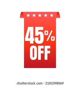 45% Rabatt mit 3 Sterne Rabatt Rot Aufkleber, super Rabatt. Vektorgrafik.