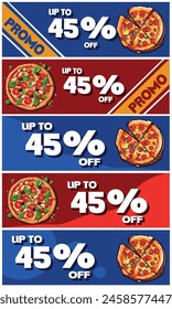 45 OFF, 5 discount coupons for purchasing pizzas, blue and red.