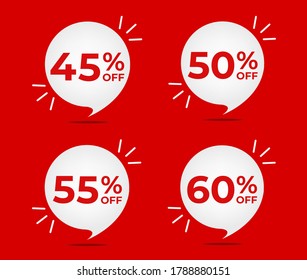 45% off, 50% off, 55% off and 60% off. Set of tag discounts. Banner with four red bubble balloons with special offers vector.