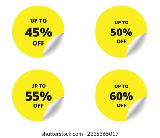 45% off, 50, 55, 60 percent round sticker sign. circle sticker banner set, badge symbol vector illustration