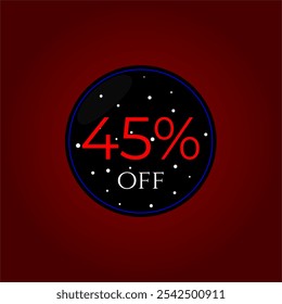 45% de desconto. Preto e vermelho com estrelas. Promoções de compras, Vendas de lojas. Design de vetor de marca. Quarenta e cinco por cento de desconto.