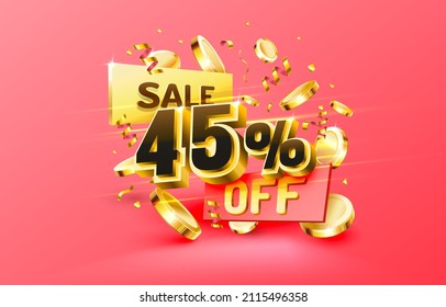 45 Rabatt. Discount Creative Komposition. 3D-Verkaufssymbol mit dekorativen Gegenständen, goldenen Konfetti, Podium und Geschenkbox. Verkaufen Sie Banner und Poster. Vektorgrafik.