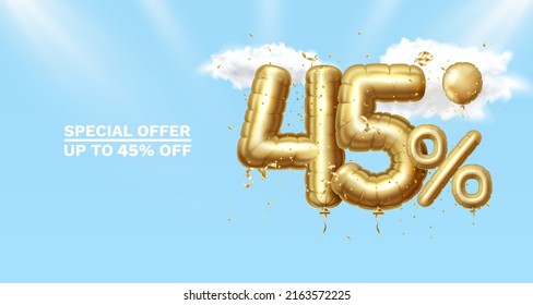 45 Off. Discount creative composition. 3d Golden sale symbol with decorative objects, golden confetti. Sale banner and poster. Vector illustration.