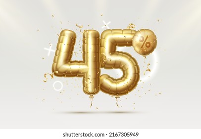 45 Off. Discount creative composition. 3d Golden sale symbol with decorative objects, heart shaped balloons, golden confetti. Sale banner and poster. Vector illustration.