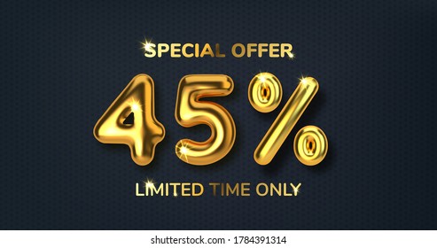 45 off discount promotion sale made of realistic 3d gold balloons. Number in the form of golden balloons. Template for products, advertizing, web banners, leaflets, certificates. Vector illustration