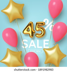 45 off discount promotion sale made of realistic 3d gold number with balloons and stars. Number in the form of golden balloons.  Vector illustration