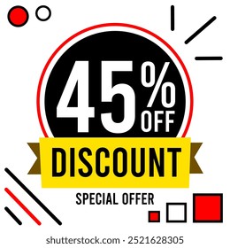 45% de desconto quarenta e cinco por cento de desconto 45% de desconto oferta especial Promoções com números brancos fundo branco bola preta vermelho e preto designs.eps