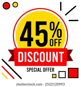 45% desconto quarenta e cinco por cento desconto 45% off Promoções com números preto e branco, bola amarela, círculo e vermelho, preto e amarelo designs.eps