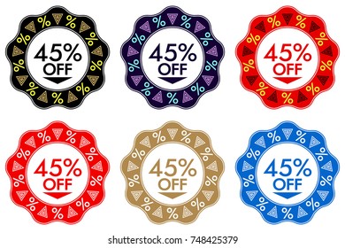 45% Off Discount Sticker. Set of Banner or Sticker Design with 45% Off Sale in Black, Dark-blue, Red, Golden and Blue color. Bright Design for Sales and Discounts of All Seasons