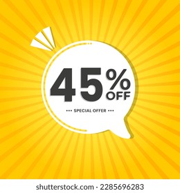 45% off. Discount vector for sales, labels, promotions, offers, stickers, banners, tags and web stickers. New offer. White discount balloon emblem on yellow background.