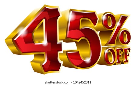 45% off - Forty five percent off discount gold and red sign. Vector illustration. Special Offer 45 % Off Discount Tag. Ideal for Sticker, Banner, Advertising, TV Commercial and any Decoration.