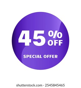 45% de desconto. Quarenta e cinco por cento de desconto, Oferta Especial. Modelo de design de banner de venda de desconto. Etiqueta de desconto. Ilustração vetorial. Design roxo.