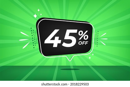 45% off. Green banner with forty-five percent discount on a black balloon for mega big sales.