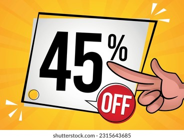 45% de etiqueta blanca con 45% de descuento. Ilustración vectorial para ventas con ofertas especiales para minoristas. Colores: negro, rojo, amarillo y naranja