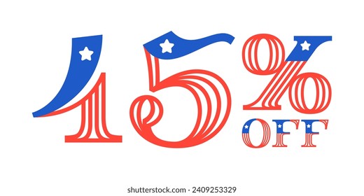 45% OFF lettering made of American flag. Serif font with Star and Stripes. Classic emblem for US history for Super Sale. 4th of July template for special price, discount offer, VIP coupon, sport store