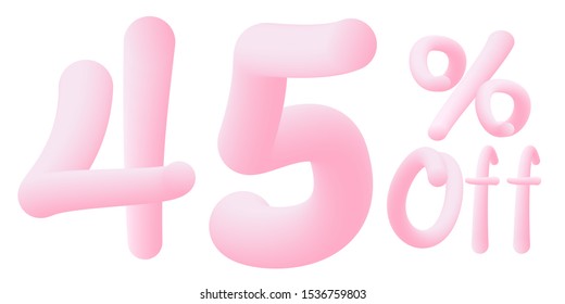 45% off Numbers made of chewing gum for design selling poster / banner promotion . Bubble Gum text. Isolated on white background. Vector 3d font . Discount tag , advertising , special offer