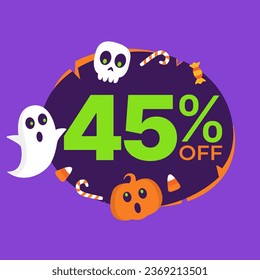 45% off on Halloween. Vector illustration of super offer in purple and orange balloon, plus halloween, ghost, skull, pumpkin and candy icons.