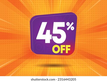 45% off. Purple flag with forty-five percent off. Vector illustration for sales with special offers for retail. Colors: white, purple, yellow and orange