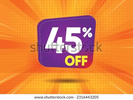 45% off. Purple flag with forty-five percent off. Vector illustration for sales with special offers for retail. Colors: white, purple, yellow and orange