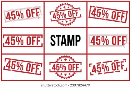 45% off red rubber stamp vector illustration on white background. 45% off rubber stamp set.