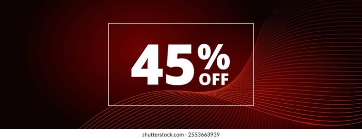 45 off sale banner. Abstract red glowing wavy lines on black wide background. 45 percent off holiday sale discount. Vector illustration