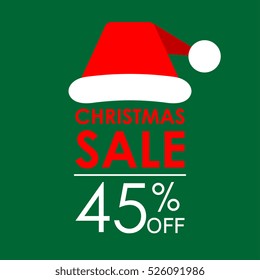 45% off sale. Christmas sale banner and discount design template with Santa Claus hat. Vector illustration.
