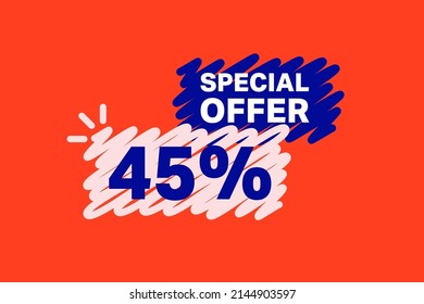 45% OFF Sale Discount banner shape template. Super Sale 45 percent Special offer badge end of the season sale coupon bubble icon. Modern concept design. Discount offer price tag vector illustration.