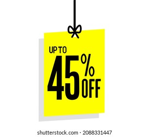 Up to 45% off Special Offer.  Forty five Percent on a bright yellow background.  Sales, Discounts.  Vector illustration isolated on a white background.