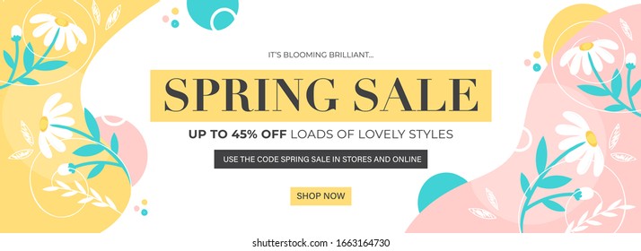 UP TO 45% Off for Spring Sale Header or Banner Design Decorated with Daisy Flowers and Leaves.