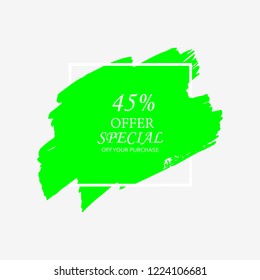 45% off spring season sign in green brush over white frame acrylic stroke paint abstract texture background vector illustration. Acrylic grunge ink paint brush stroke. Offer layout design for shop.