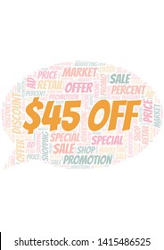 $45 Off word cloud. Wordcloud made with text only.