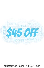 $45 Off word cloud. Wordcloud made with text only.