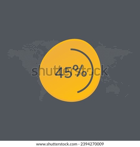 45 percent chart. Vector symbol. Percentage infographic sign. Dotted world map background. Illustration, icon for business, finance, progress, report, web design, download