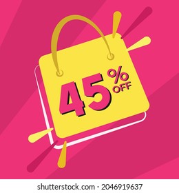 45 percent discount. Pink banner with floating bag for promotions and offers