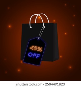 45 percent discount. in retro style on orange background. 45% discount. Neon style. Isolated background. Sales range. Discount banner design.