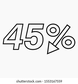 45 percent drop dark icon on a white background.  Price drop. Interest rate reduction. Sell-out. Stock symbol. Discount. Markdown of goods. Bonus discount. Vector icon.