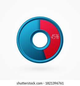 Gráfico circular aislado del 45%. Símbolo vector porcentaje, icono de gradiente rojo azul infográfico. Signo de círculo para negocios, finanzas, diseño web, descarga, progreso