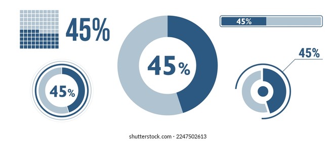 45 percent loading data icon set. Forty-five circle diagram, pie donut chart, progress bar. 45% percentage infographic. Vector concept collection, blue color.