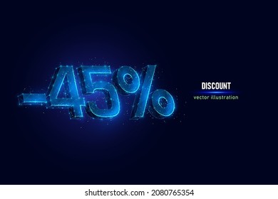 45 percent off digital wireframe made of connected dots. Holiday discount low poly vector illustration on blue background.