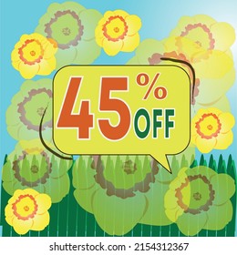 45 percent off. Discount for big sales. spring tag. spring background