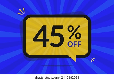 45 percent off. 45% discount. Blue and Yellow banner with floating balloon for promotions and offers.