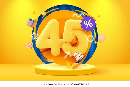 45 percent Off. Discount creative composition. Sale symbol with decorative objects. Sale banner and poster. Vector illustration.