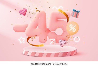 45% percent Off. Discount creative composition. 3d sale symbol with decorative objects, balloons, golden confetti, podium and gift box. Sale banner and poster. Vector illustration.