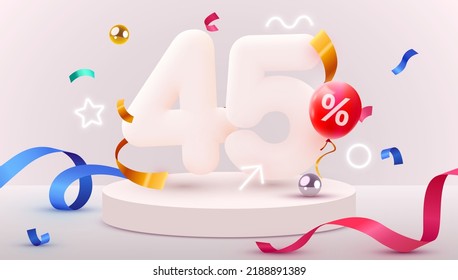 45 % Rabatt. Discount Creative Komposition. 3D Verkaufssymbol mit dekorativen Gegenständen, Ballons, goldenen Konfetti, Podium und Geschenkbox. Verkaufen Sie Banner und Poster. Vektorgrafik.