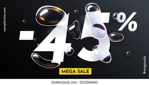 45 percent Off. Discount creative composition with water drops. Fresh Sale banner and poster. Vector illustration.