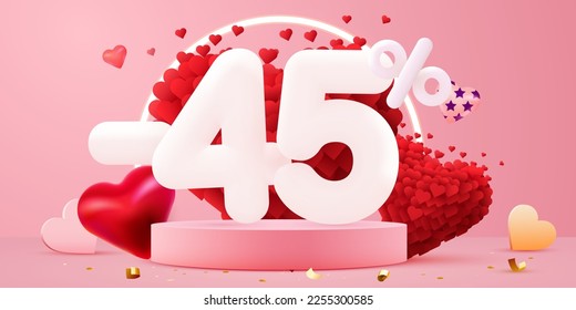 45 percent Off. Discount creative composition. 3d sale symbol with decorative objects. Valentine's day promo. Sale banner and poster. Vector illustration.