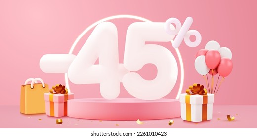 45 percent Off. Discount creative composition. Sale symbol with decorative objects, balloons, golden confetti, podium and gift box. Sale banner and poster. Vector illustration.