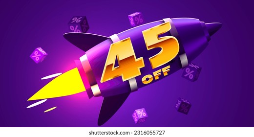 45% de descuento. Descubre la composición creativa con cohete. Mega venta. Ilustración vectorial.