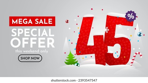 45% de descuento. Descubre la composición creativa. Feliz Navidad y Feliz Año Nuevo. Cartel y afiche de venta. Ilustración vectorial.